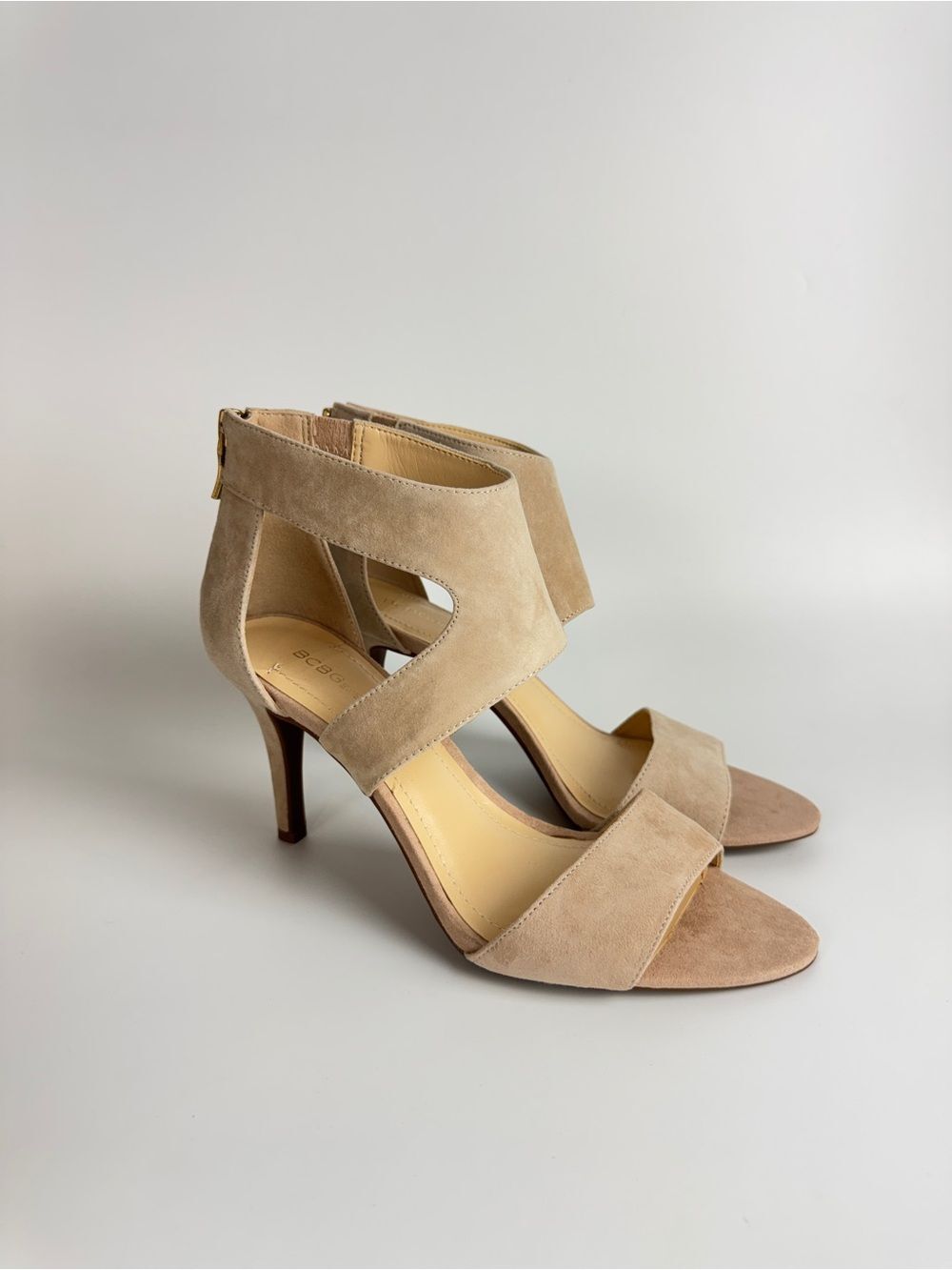 BCBGeneration Taupe Suede Cutout High Heel Sandals